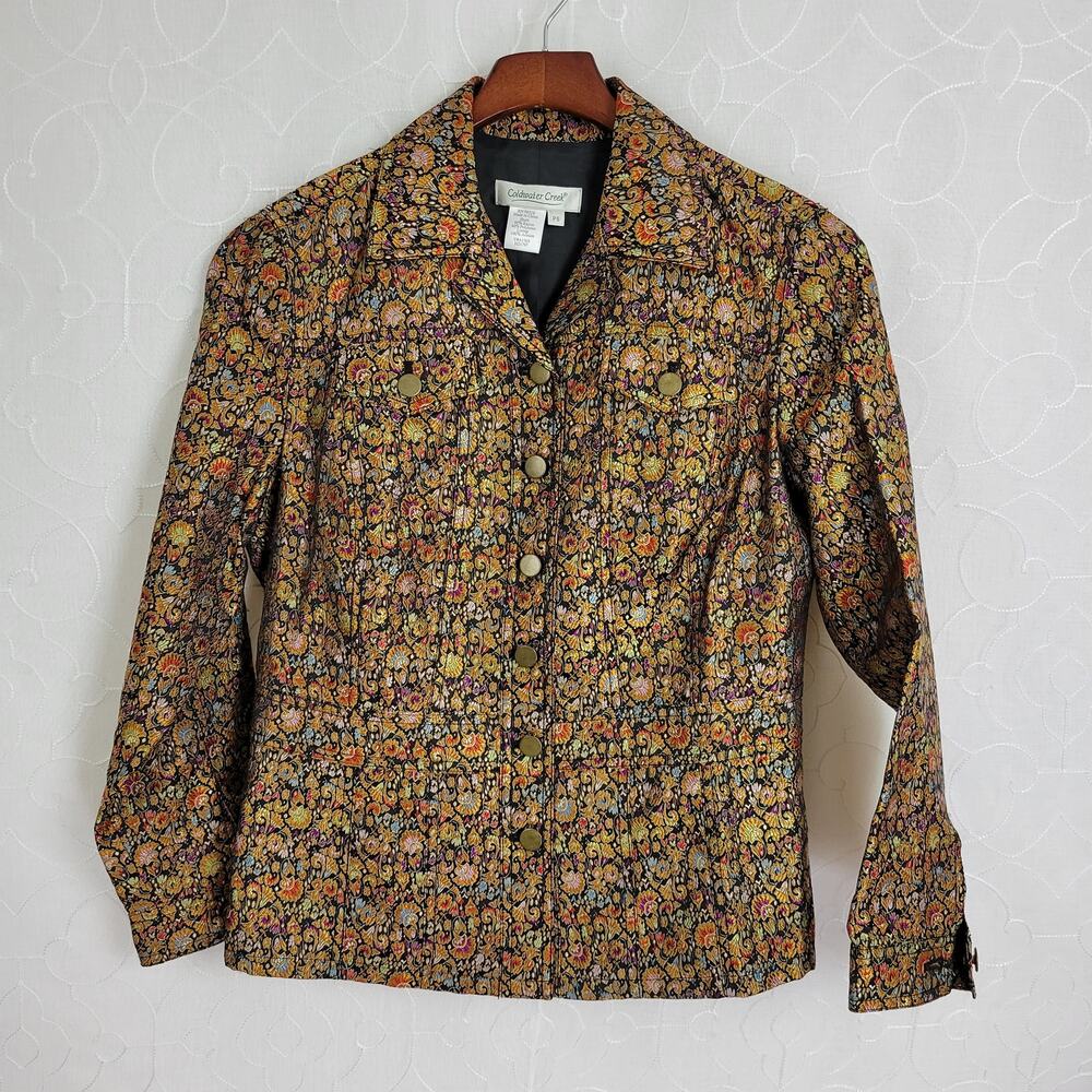 Coldwater Creek Floral Tapestry Jacket‎ Small Petite Orange Black Embroidered